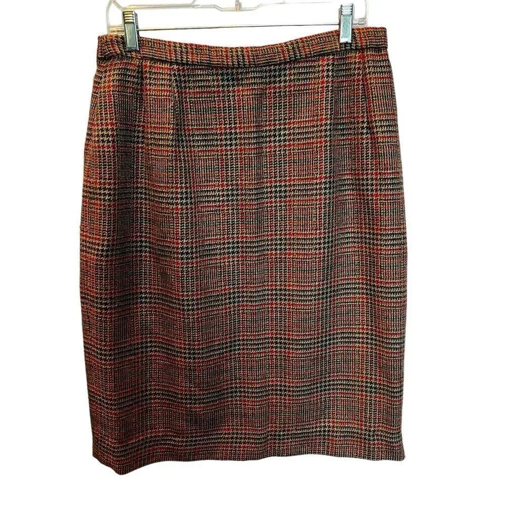 Pendleton Women's Wool Blend Pencil Skirt Midi Size 16 Red and Black Houndstooth